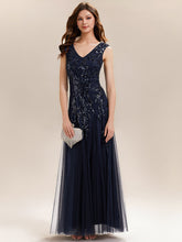 Load image into Gallery viewer, Color=Navy Blue | One Stop Shop Sleeveless V-Neck Embroidered A-Line Floor Length Evening Dresses-Navy Blue 11
