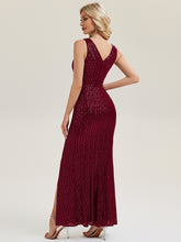 Load image into Gallery viewer, Color=Burgundy | Commercial Wholesale Strapless V-Neck Sequin Fishtail Floor Length Evening Dresses-Burgundy 2