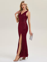 Load image into Gallery viewer, Color=Burgundy | Commercial Wholesale Strapless V-Neck Sequin Fishtail Floor Length Evening Dresses-Burgundy 4