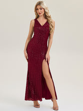 Load image into Gallery viewer, Color=Burgundy | Commercial Wholesale Strapless V-Neck Sequin Fishtail Floor Length Evening Dresses-Burgundy 5