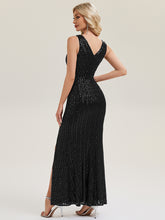 Load image into Gallery viewer, Color=Black | Commercial Wholesale Strapless V-Neck Sequin Fishtail Floor Length Evening Dresses-Black 7