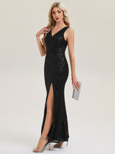 Load image into Gallery viewer, Color=Black | Commercial Wholesale Strapless V-Neck Sequin Fishtail Floor Length Evening Dresses-Black 9