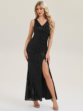 Load image into Gallery viewer, Color=Black | Commercial Wholesale Strapless V-Neck Sequin Fishtail Floor Length Evening Dresses-Black 10