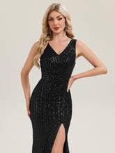 Load image into Gallery viewer, Color=Black | Commercial Wholesale Strapless V-Neck Sequin Fishtail Floor Length Evening Dresses-Black 8
