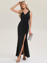 Load image into Gallery viewer, Color=Black | Commercial Wholesale Strapless V-Neck Sequin Fishtail Floor Length Evening Dresses-Black 6