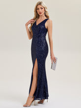 Load image into Gallery viewer, Color=Navy Blue | Commercial Wholesale Strapless V-Neck Sequin Fishtail Floor Length Evening Dresses-Navy Blue 14