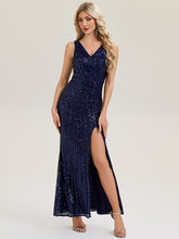 Load image into Gallery viewer, Color=Navy Blue | Commercial Wholesale Strapless V-Neck Sequin Fishtail Floor Length Evening Dresses-Navy Blue 15