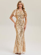 Load image into Gallery viewer, Color=Gold | Industrial Use Short Sleeve Sequin Fishtail High Stretch Round Neck Evening Dresses-Gold 1