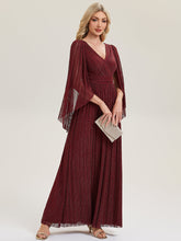 Load image into Gallery viewer, Color=Burgundy | B2B-Exclusive Long Sleeve Batwing Deep V-Neck A-Line Floor Length Evening Dresses-Burgundy 4