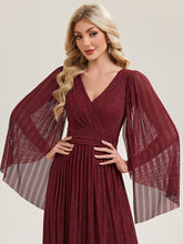 Load image into Gallery viewer, Color=Burgundy | B2B-Exclusive Long Sleeve Batwing Deep V-Neck A-Line Floor Length Evening Dresses-Burgundy 3