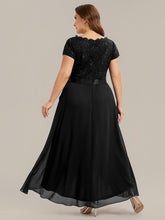 Load image into Gallery viewer, Color=Black | Wholesale Pricing Short Sleeve Deep V-Neck Ruffled Asymmetrical High-Low Evening Dresses-Black 7