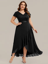 Load image into Gallery viewer, Color=Black | Wholesale Pricing Short Sleeve Deep V-Neck Ruffled Asymmetrical High-Low Evening Dresses-Black 10