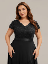 Load image into Gallery viewer, Color=Black | Wholesale Pricing Short Sleeve Deep V-Neck Ruffled Asymmetrical High-Low Evening Dresses-Black 8