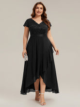 Load image into Gallery viewer, Color=Black | Wholesale Pricing Short Sleeve Deep V-Neck Ruffled Asymmetrical High-Low Evening Dresses-Black 6