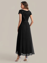 Load image into Gallery viewer, Color=Black | Wholesale Pricing Short Sleeve Deep V-Neck Ruffled Asymmetrical High-Low Evening Dresses-Black 2