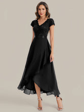 Load image into Gallery viewer, Color=Black | Wholesale Pricing Short Sleeve Deep V-Neck Ruffled Asymmetrical High-Low Evening Dresses-Black 4