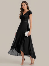 Load image into Gallery viewer, Color=Black | Wholesale Pricing Short Sleeve Deep V-Neck Ruffled Asymmetrical High-Low Evening Dresses-Black 5