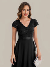 Load image into Gallery viewer, Color=Black | Wholesale Pricing Short Sleeve Deep V-Neck Ruffled Asymmetrical High-Low Evening Dresses-Black 3