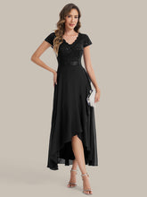 Load image into Gallery viewer, Color=Black | Wholesale Pricing Short Sleeve Deep V-Neck Ruffled Asymmetrical High-Low Evening Dresses-Black 1