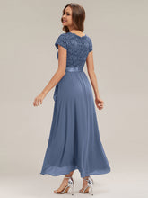 Load image into Gallery viewer, Color=Dusty blue | Wholesale Pricing Short Sleeve Deep V-Neck Ruffled Asymmetrical High-Low Evening Dresses-Dusty blue 2
