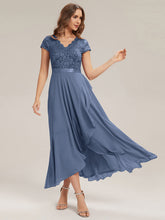 Load image into Gallery viewer, Color=Dusty blue | Wholesale Pricing Short Sleeve Deep V-Neck Ruffled Asymmetrical High-Low Evening Dresses-Dusty blue 3