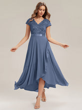 Load image into Gallery viewer, Color=Dusty blue | Wholesale Pricing Short Sleeve Deep V-Neck Ruffled Asymmetrical High-Low Evening Dresses-Dusty blue 4
