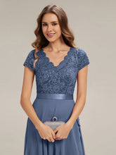 Load image into Gallery viewer, Color=Dusty blue | Wholesale Pricing Short Sleeve Deep V-Neck Ruffled Asymmetrical High-Low Evening Dresses-Dusty blue 5
