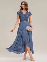 Load image into Gallery viewer, Color=Dusty blue | Wholesale Pricing Short Sleeve Deep V-Neck Ruffled Asymmetrical High-Low Evening Dresses-Dusty blue 1