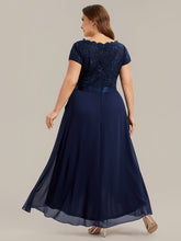 Load image into Gallery viewer, Color=Navy Blue | Wholesale Pricing Short Sleeve Deep V-Neck Ruffled Asymmetrical High-Low Evening Dresses-Navy Blue 17