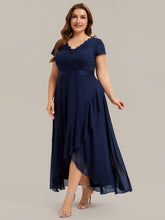 Load image into Gallery viewer, Color=Navy Blue | Wholesale Pricing Short Sleeve Deep V-Neck Ruffled Asymmetrical High-Low Evening Dresses-Navy Blue 19