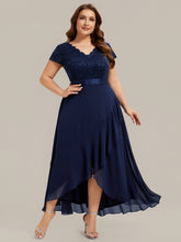 Load image into Gallery viewer, Color=Navy Blue | Wholesale Pricing Short Sleeve Deep V-Neck Ruffled Asymmetrical High-Low Evening Dresses-Navy Blue 20