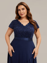 Load image into Gallery viewer, Color=Navy Blue | Wholesale Pricing Short Sleeve Deep V-Neck Ruffled Asymmetrical High-Low Evening Dresses-Navy Blue 18