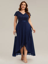 Load image into Gallery viewer, Color=Navy Blue | Wholesale Pricing Short Sleeve Deep V-Neck Ruffled Asymmetrical High-Low Evening Dresses-Navy Blue 16