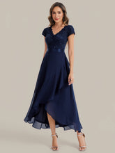 Load image into Gallery viewer, Color=Navy Blue | Wholesale Pricing Short Sleeve Deep V-Neck Ruffled Asymmetrical High-Low Evening Dresses-Navy Blue 14