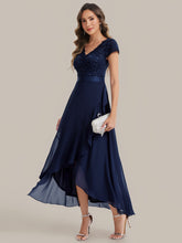 Load image into Gallery viewer, Color=Navy Blue | Wholesale Pricing Short Sleeve Deep V-Neck Ruffled Asymmetrical High-Low Evening Dresses-Navy Blue 15