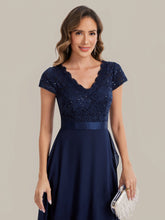 Load image into Gallery viewer, Color=Navy Blue | Wholesale Pricing Short Sleeve Deep V-Neck Ruffled Asymmetrical High-Low Evening Dresses-Navy Blue 13