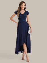 Load image into Gallery viewer, Color=Navy Blue | Wholesale Pricing Short Sleeve Deep V-Neck Ruffled Asymmetrical High-Low Evening Dresses-Navy Blue 11