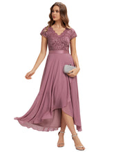 Load image into Gallery viewer, Color=Orchid | Wholesale Pricing Short Sleeve Deep V-Neck Ruffled Asymmetrical High-Low Evening Dresses-Orchid 2