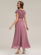 Load image into Gallery viewer, Color=Orchid | Wholesale Pricing Short Sleeve Deep V-Neck Ruffled Asymmetrical High-Low Evening Dresses-Orchid 3