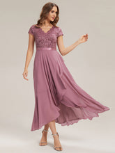 Load image into Gallery viewer, Color=Orchid | Wholesale Pricing Short Sleeve Deep V-Neck Ruffled Asymmetrical High-Low Evening Dresses-Orchid 4