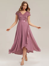 Load image into Gallery viewer, Color=Orchid | Wholesale Pricing Short Sleeve Deep V-Neck Ruffled Asymmetrical High-Low Evening Dresses-Orchid 5