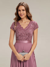 Load image into Gallery viewer, Color=Orchid | Wholesale Pricing Short Sleeve Deep V-Neck Ruffled Asymmetrical High-Low Evening Dresses-Orchid 6