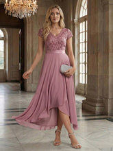 Load image into Gallery viewer, Color=Orchid | Wholesale Pricing Short Sleeve Deep V-Neck Ruffled Asymmetrical High-Low Evening Dresses-Orchid 7