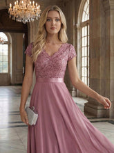 Load image into Gallery viewer, Color=Orchid | Wholesale Pricing Short Sleeve Deep V-Neck Ruffled Asymmetrical High-Low Evening Dresses-Orchid 9