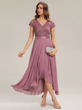 Load image into Gallery viewer, Color=Orchid | Wholesale Pricing Short Sleeve Deep V-Neck Ruffled Asymmetrical High-Low Evening Dresses-Orchid 1