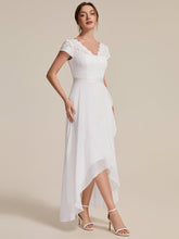 Load image into Gallery viewer, Color=White | Wholesale Pricing Short Sleeve Deep V-Neck Ruffled Asymmetrical High-Low Evening Dresses-White 3
