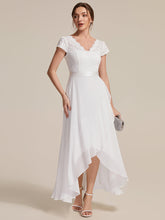 Load image into Gallery viewer, Color=White | Wholesale Pricing Short Sleeve Deep V-Neck Ruffled Asymmetrical High-Low Evening Dresses-White 4