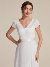 Load image into Gallery viewer, Color=White | Wholesale Pricing Short Sleeve Deep V-Neck Ruffled Asymmetrical High-Low Evening Dresses-White 5