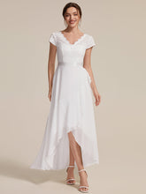 Load image into Gallery viewer, Color=White | Wholesale Pricing Short Sleeve Deep V-Neck Ruffled Asymmetrical High-Low Evening Dresses-White 1