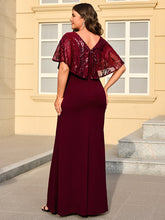 Load image into Gallery viewer, Color=Burgundy | Bulk Order Short Sleeve Sequin Fishtail V-Neck Floor Length Evening Dresses-Burgundy 7